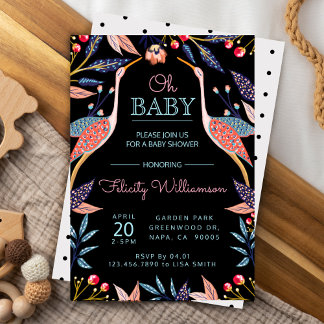 Chic Floral Botanical Stork Baby Shower Invitation