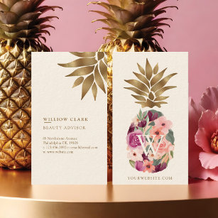 Chic Floral Botanical Watercolor Golden Pineapple Business Card
