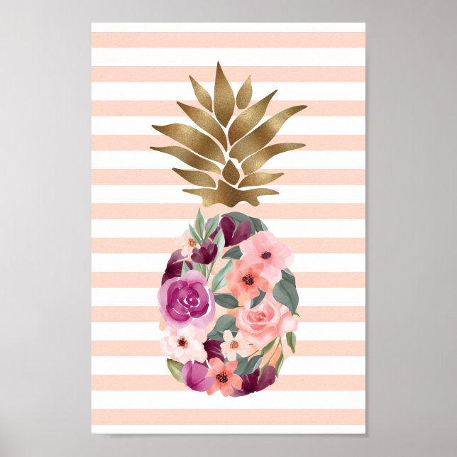 Chic Floral Botanical Watercolor Golden Pineapple Poster (Front)