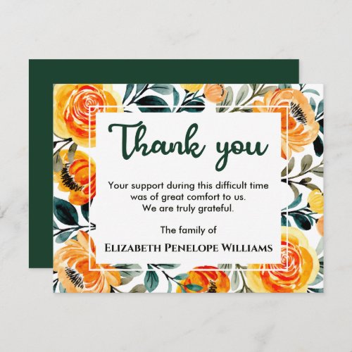 Chic Floral Botanical Watercolor Memorial Funeral Thank You Card