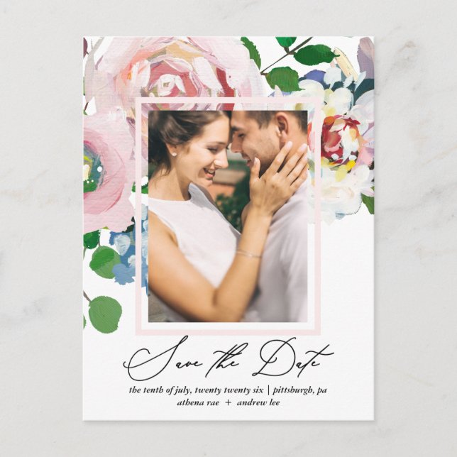 Chic Floral Bouquet and Frame Save the Date Invitation Postcard (Front)