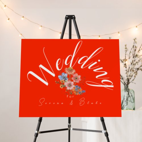 Chic Floral Bouquet Bold Orange Wedding Sign