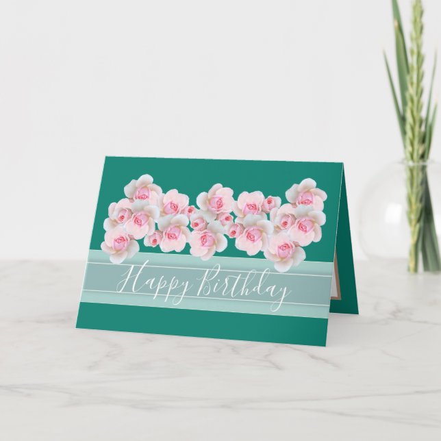 Chic Floral Bouquet Pink Rose Bud Flowers Birthday Card (Front)