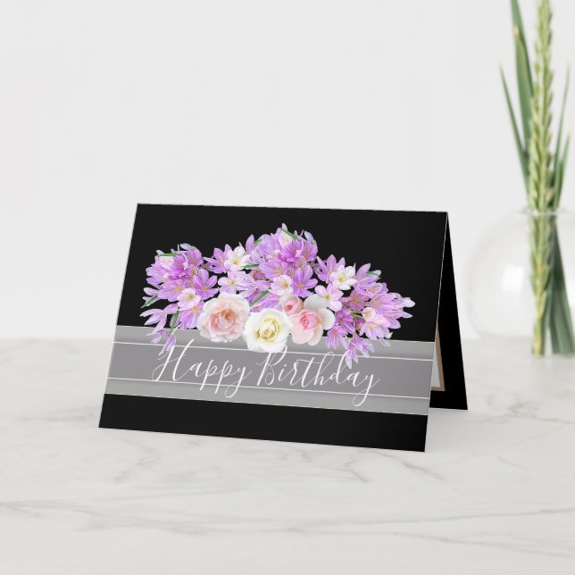 Chic Floral Bouquet Rose & Crocus Flowers Birthday Card (Front)