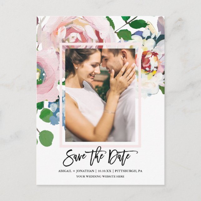 Chic Floral Bouquet with Script Save the Date Invitation Postcard (Front)