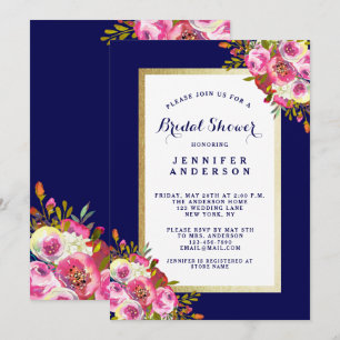 Chic Floral Bridal Shower Invite   Navy Blue Pink