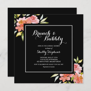 Chic Floral Brunch and Bubbly Black Invitations