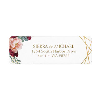 Chic Floral Burgundy Gold Wedding Return Address Label