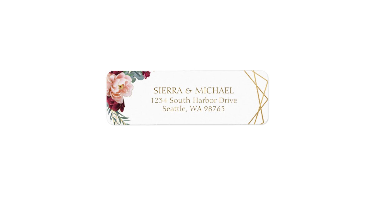 Chic Floral Burgundy Gold Wedding Return Address Label | Zazzle