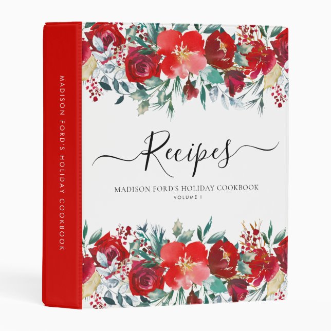 Chic Floral Burgundy Holly Holiday Kitchen Recipe Mini Binder (Front/Spine)