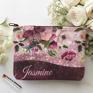 Chic floral Burgundy pink purple glitter monogram Accessory Pouch