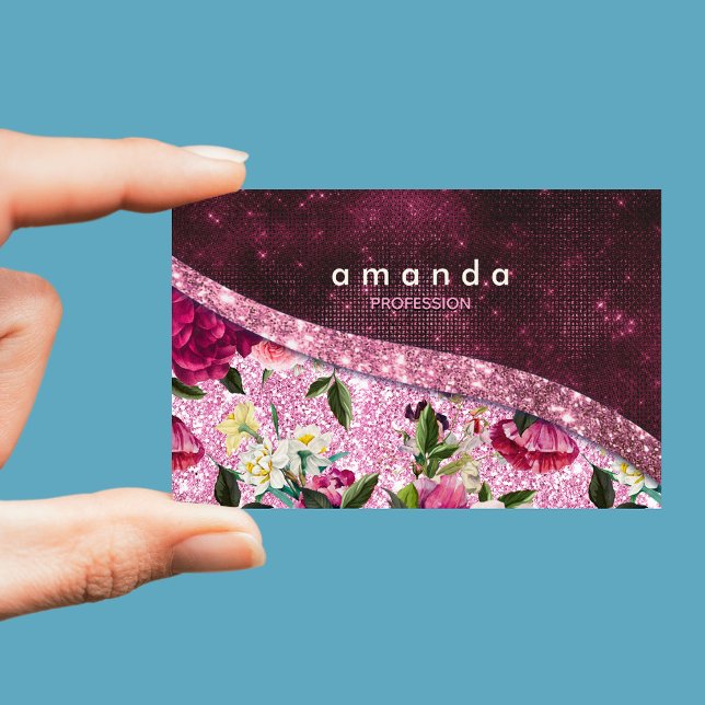 Chic floral Burgundy pink purple glitter monogram Business Card Magnet (Creator Uploaded)