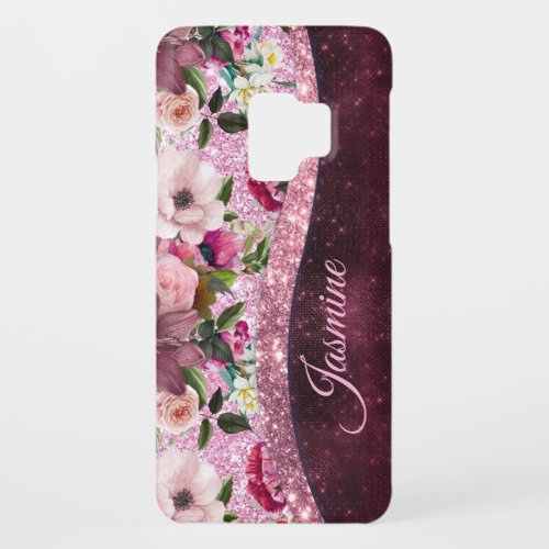 Chic floral Burgundy pink purple glitter monogram Case_Mate Samsung Galaxy S9 Case