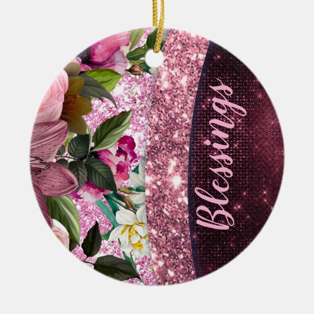 Chic floral Burgundy pink purple glitter monogram Ceramic Ornament (Front)