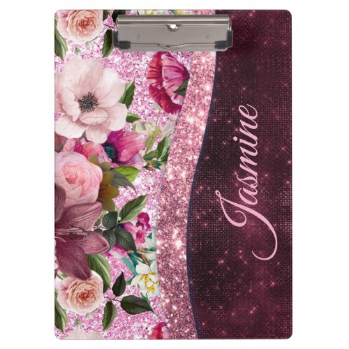 Chic floral Burgundy pink purple glitter monogram Clipboard