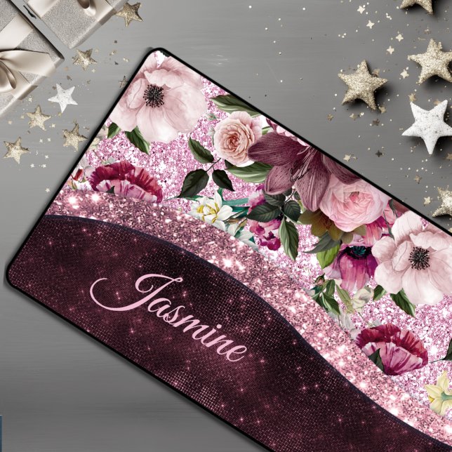 Chic floral Burgundy pink purple glitter monogram Desk Mat (Creator Uploaded)