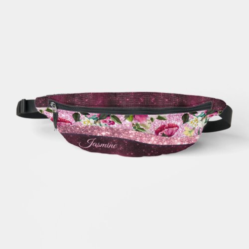 Chic floral Burgundy pink purple glitter monogram Fanny Pack