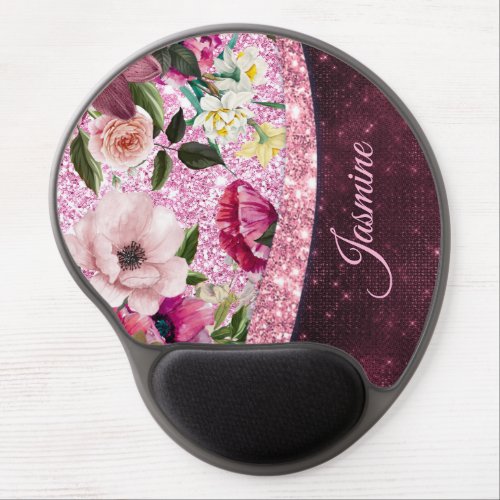 Chic floral Burgundy pink purple glitter monogram Gel Mouse Pad