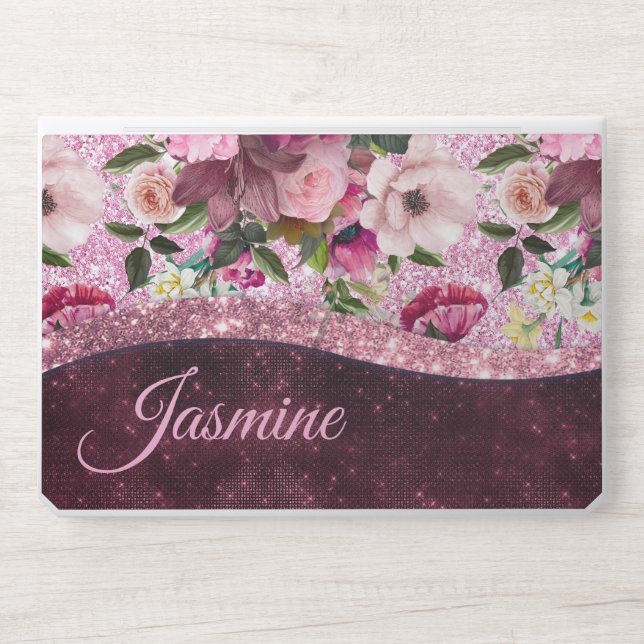 Chic floral Burgundy pink purple glitter monogram HP Laptop Skin (Front)