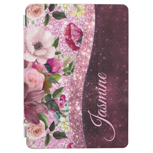Chic floral Burgundy pink purple glitter monogram iPad Air Cover