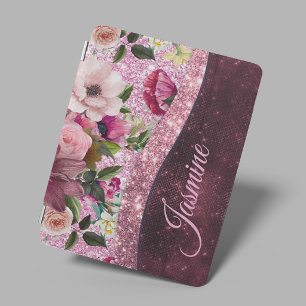 Chic floral Burgundy pink purple glitter monogram iPad Mini Cover