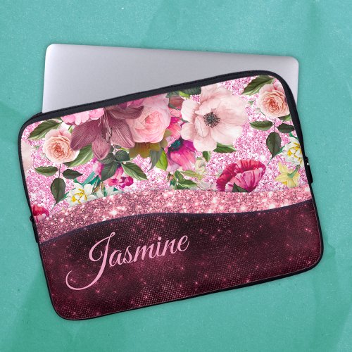 Chic floral Burgundy pink purple glitter monogram Laptop Sleeve