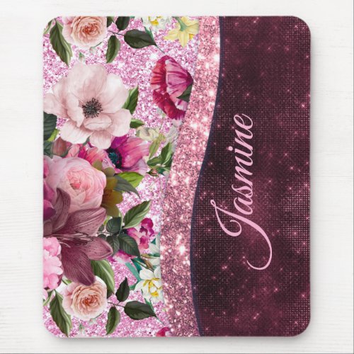 Chic floral Burgundy pink purple glitter monogram Mouse Pad