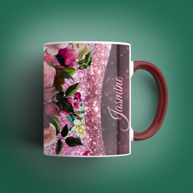 Chic floral Burgundy pink purple glitter monogram Mug (Creator Uploaded)