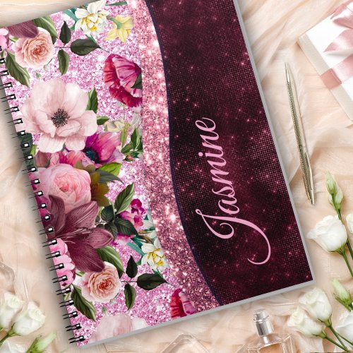 Chic floral Burgundy pink purple glitter monogram Notebook