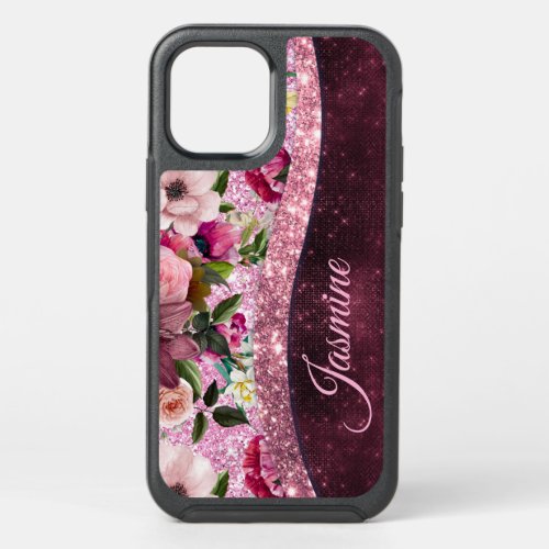 Chic floral Burgundy pink purple glitter monogram OtterBox Symmetry iPhone 12 Pro Case