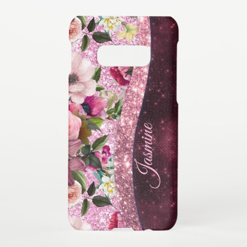 Chic floral Burgundy pink purple glitter monogram  Samsung Galaxy S10E Case