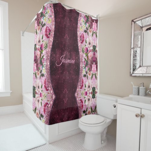 Chic floral Burgundy pink purple glitter monogram Shower Curtain