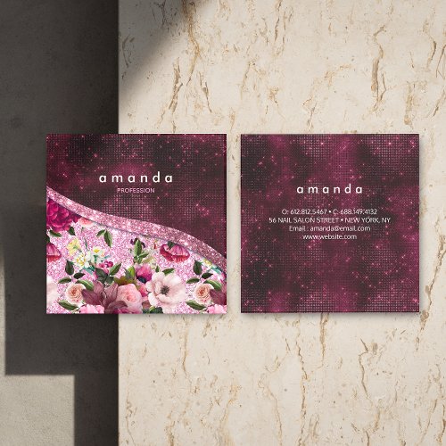 Chic floral Burgundy pink purple glitter monogram Square Business Card