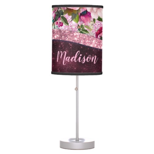Chic floral Burgundy pink purple glitter monogram Table Lamp