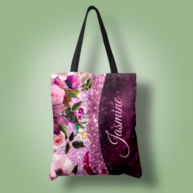 Chic floral Burgundy pink purple glitter monogram Tote Bag (Creator Uploaded)