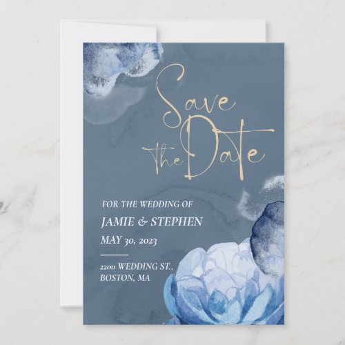 Chic Floral Caligraphy Blue and Gold Save The Date