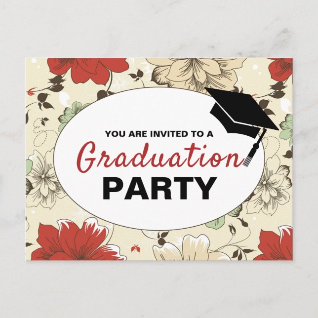 Chic Floral Cap, Graduation Party Invitation Postcard (Front)