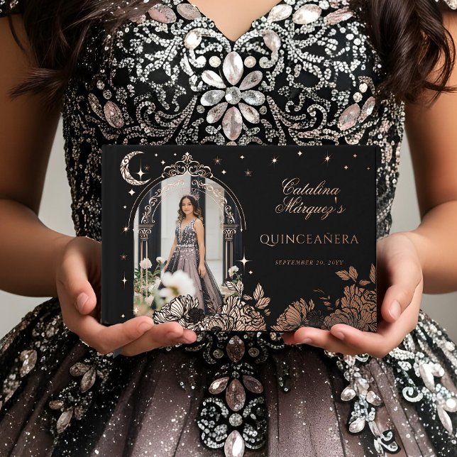 Chic Floral Celestial Moon Stars Photo Quinceañera Foil Guest Book (Chic Floral Celestial Moon Stars Photo Quinceañera Foil Guest Book1)