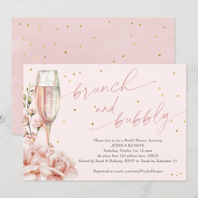 Chic  floral champagne flutes brunch and bubbly in invitation (Front/Back)