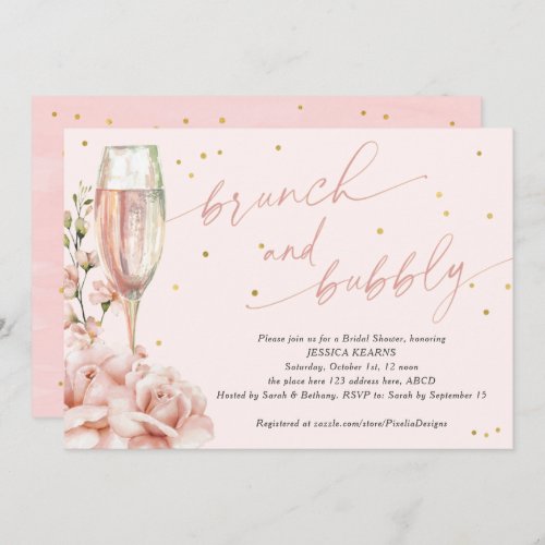 Chic  floral champagne flutes brunch and bubbly in invitation