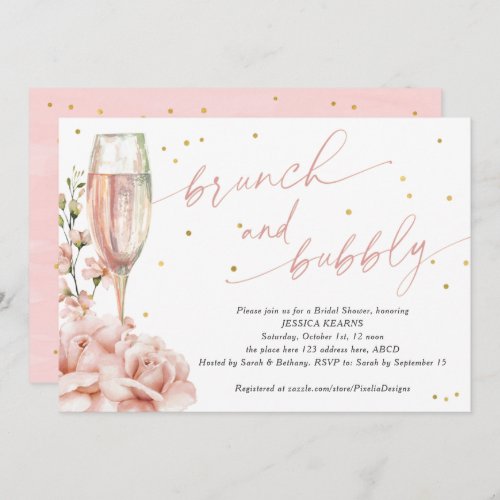 Chic  floral champagne flutes brunch and bubbly in invitation