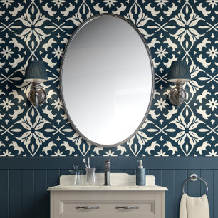 Chic Floral Charm - Deep Teal & Cream - Eclectic  Wallpaper