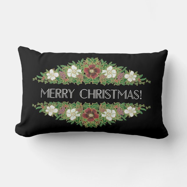 Chic Floral Christmas Roses, Hellebores, Holly Ivy Lumbar Pillow (Front)