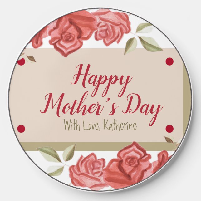 Chic & Floral Classy Happy Mother's Day Rose Green Wireless Charger (Front)