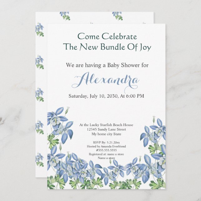Chic Floral Columbine Blue Boy Baby Shower (Front/Back)