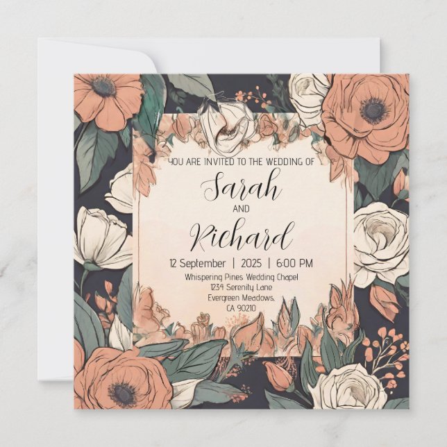 Chic Floral Design with Coral and Cream Accents Invitation (Front)