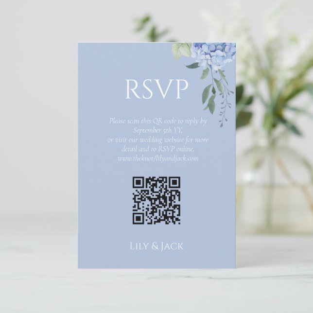 Chic Floral Dusty Blue Hydrangea Wedding RSVP Enclosure Card (Standing Front)
