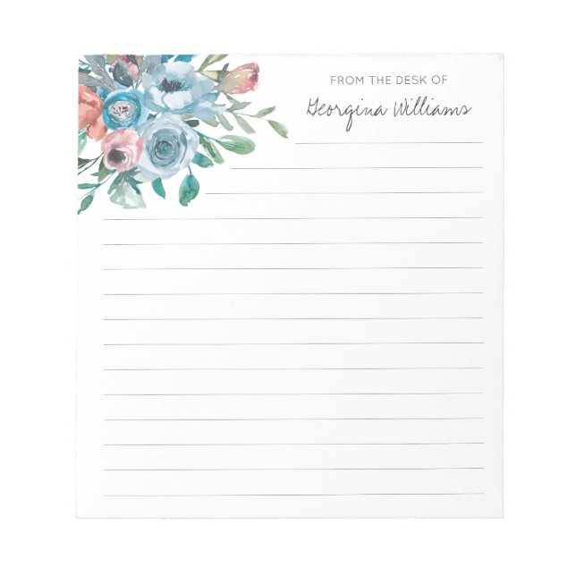 Chic Floral Dusty Blue Peach Coral Pink Botanical Notepad (Front)