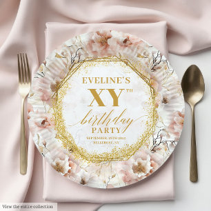 Chic Floral Dusty Pink Gold Birthday Paper Plates