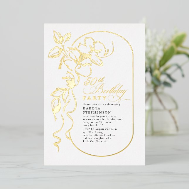 Chic Floral Elegant Modern Birthday Gold Foil Invitation (Standing Front)